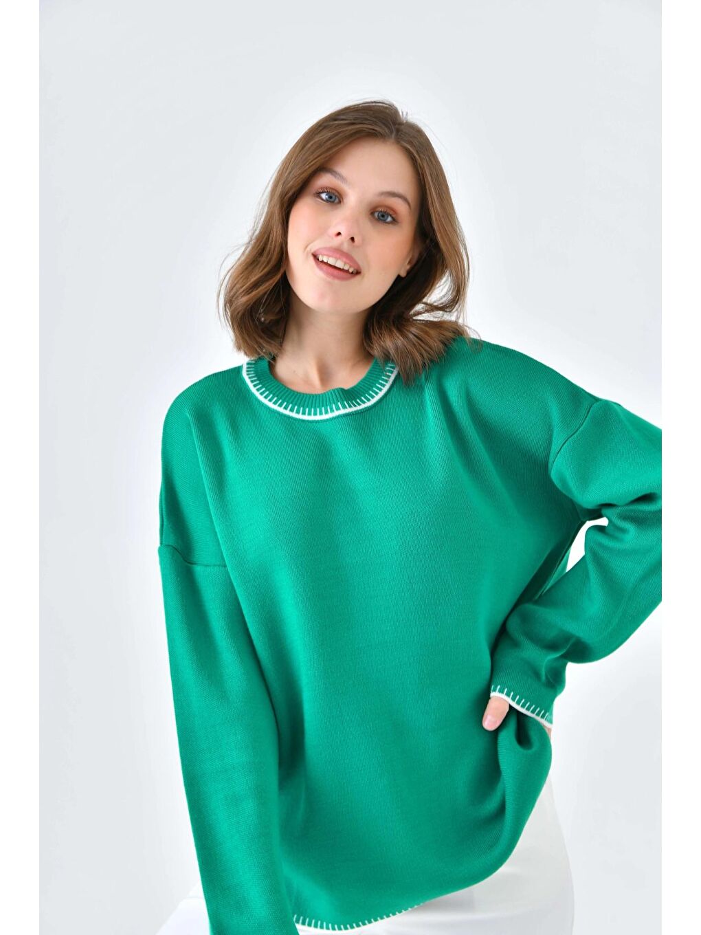 Yeşil Oversize Bisiklet Yaka Basic Triko Kazak