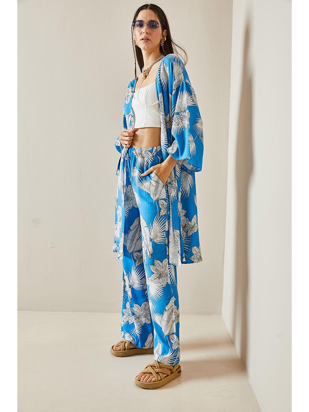 XHAN Mavi Çiçek Desenli Kimono Takım 5YXK8-48600-12 - 3