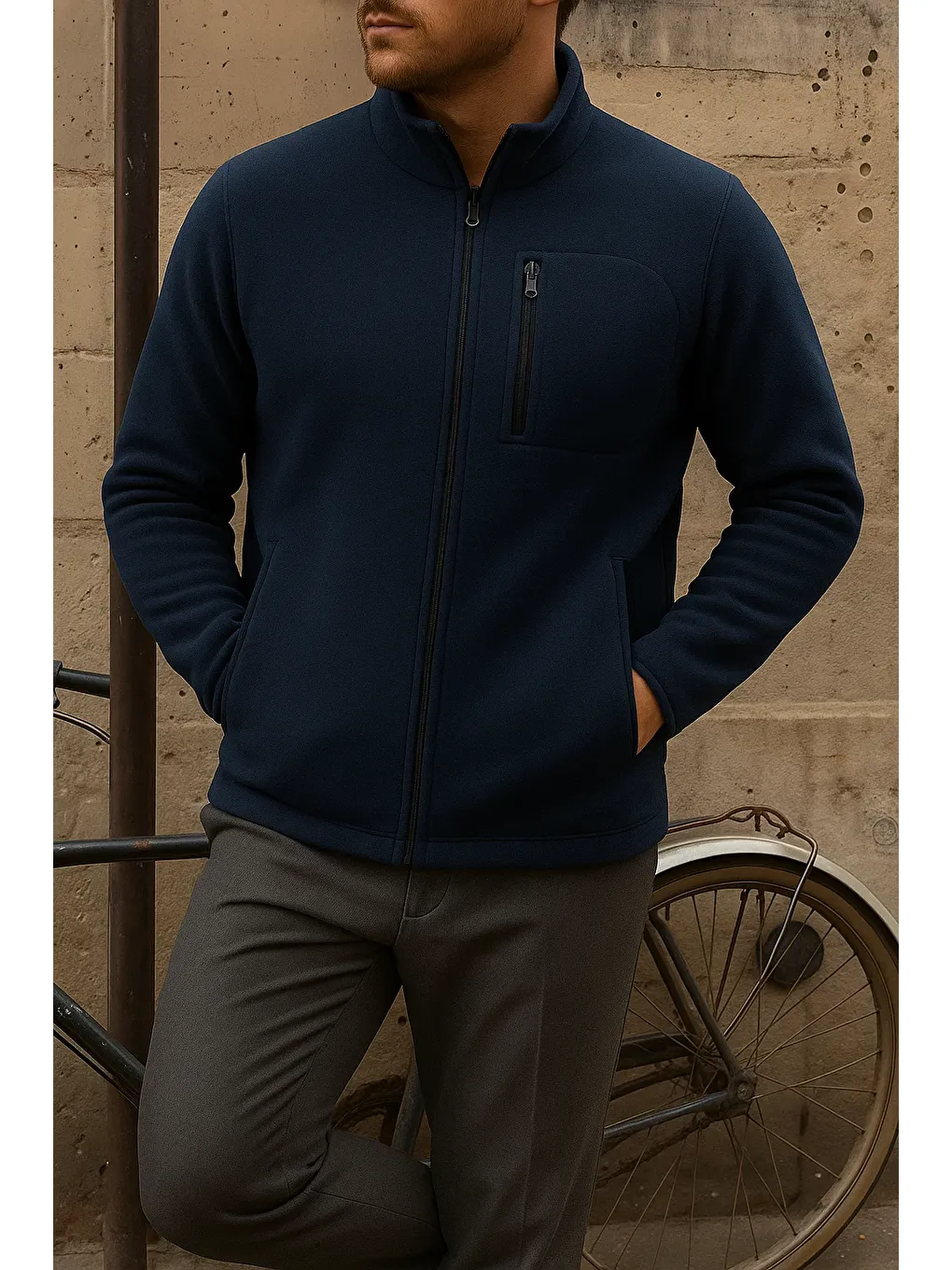 Erkek Kalın Fermuarlı Kışlık Günlük Lacivert Polar Ceket-3