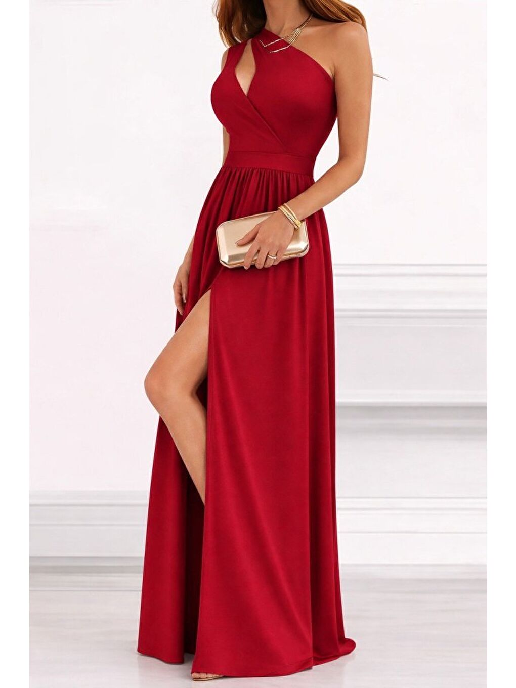 Kırmızı Kadın Omuzlardan Açık Asimetrik Yaka Detaylı Yırtmaçlı Maksi Boy Janjan Krep Elbise-3
