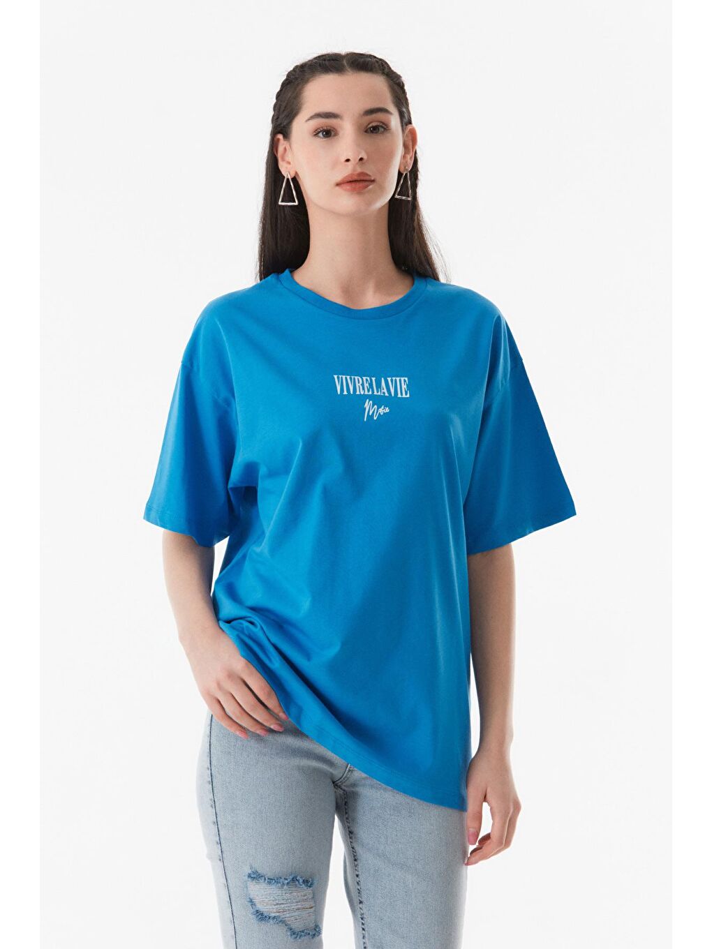 Mavi Yazı Baskılı Bisiklet Yaka Oversize Tişört-4