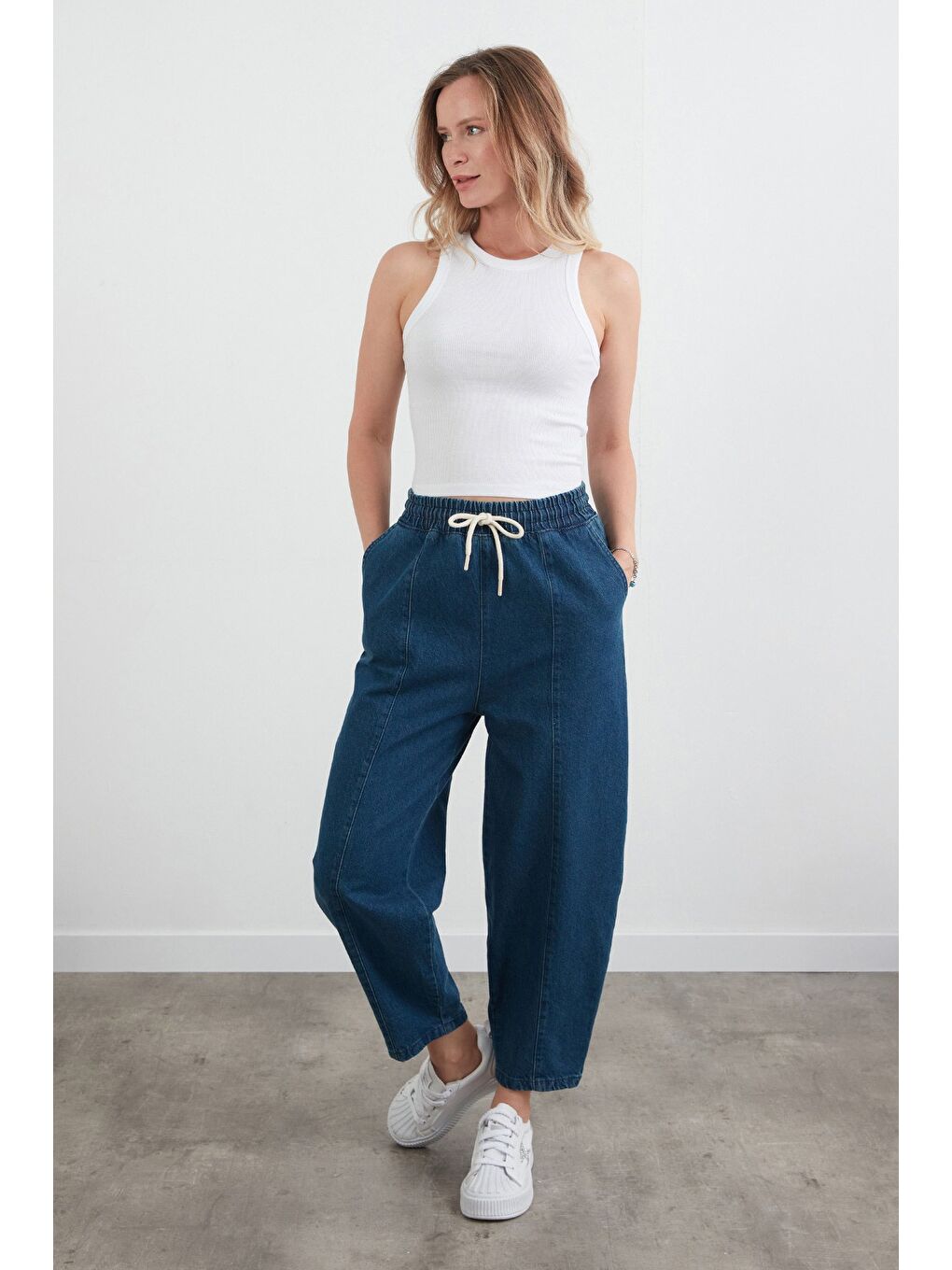 Mavi Beli Bağlamalı Slouchy Jean Pantolon