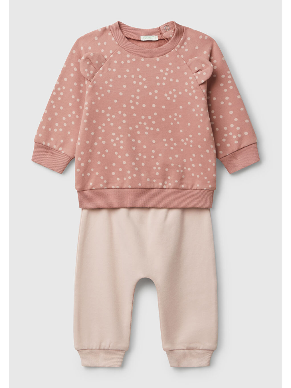 Pembe Bebek Gül Kurusu Tamamı Baskılı Kulaklı Üst ve Arkası İşlemeli Alt Eşofman Takımı