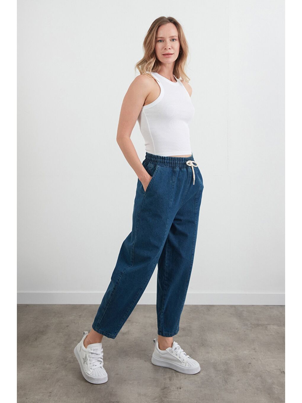 Mavi Beli Bağlamalı Slouchy Jean Pantolon-1