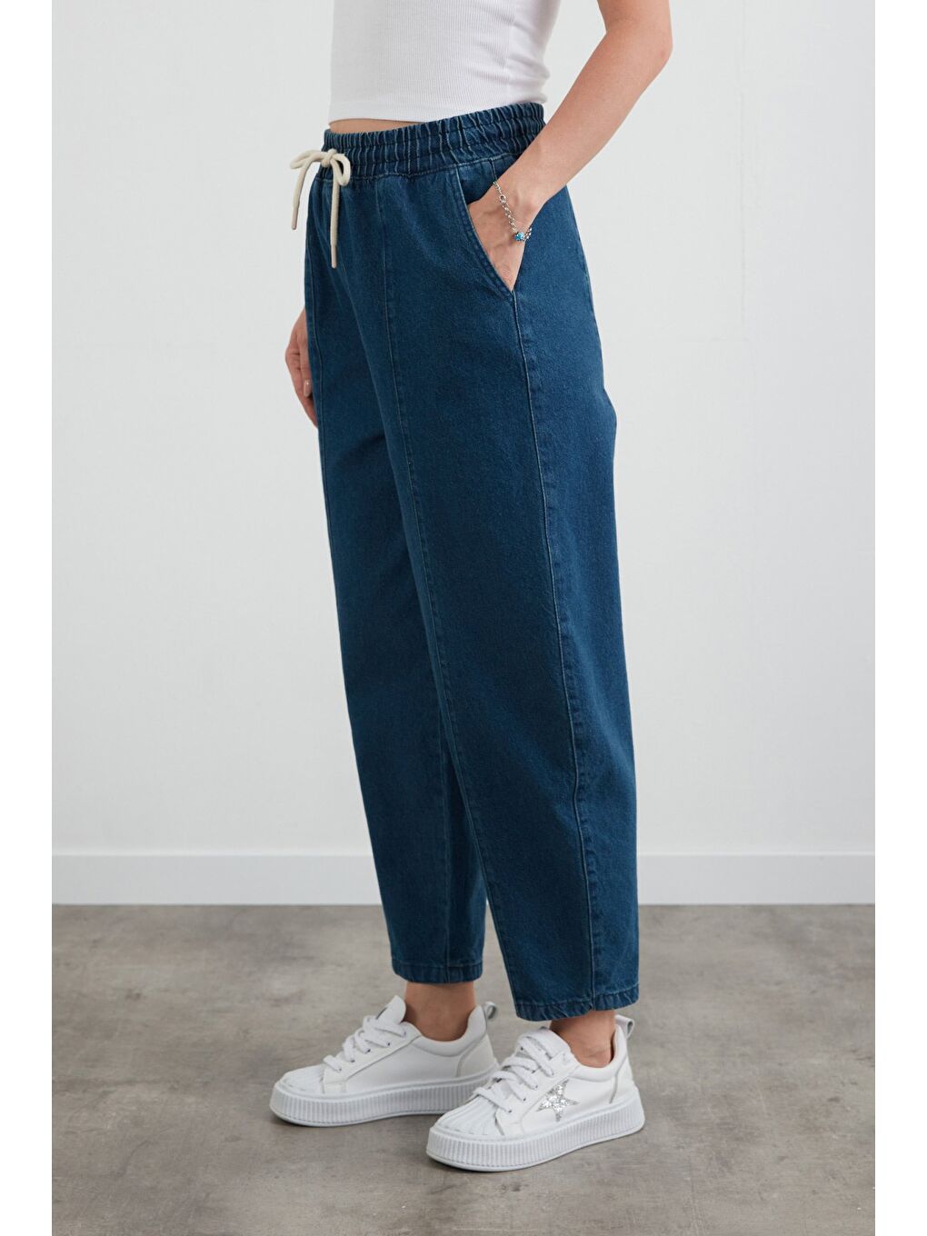 Mavi Beli Bağlamalı Slouchy Jean Pantolon-2