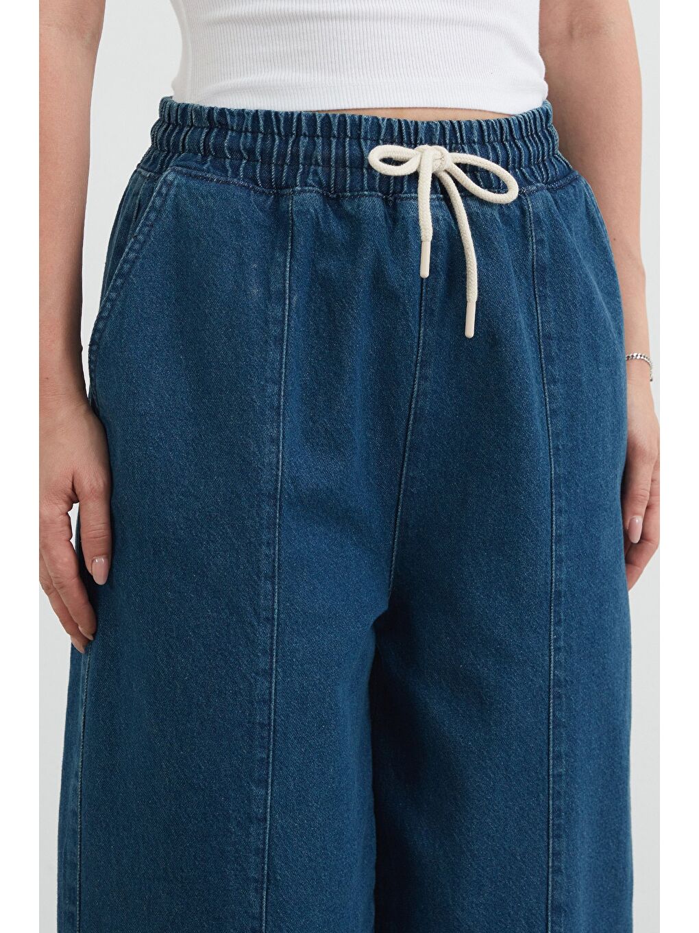 Mavi Beli Bağlamalı Slouchy Jean Pantolon-4
