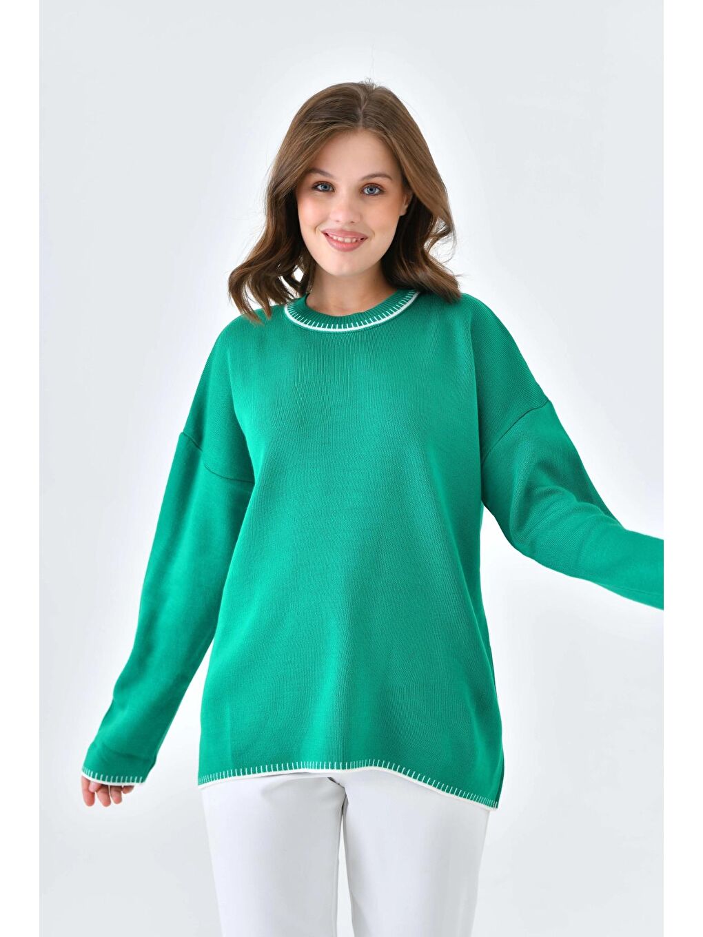 Yeşil Oversize Bisiklet Yaka Basic Triko Kazak-2