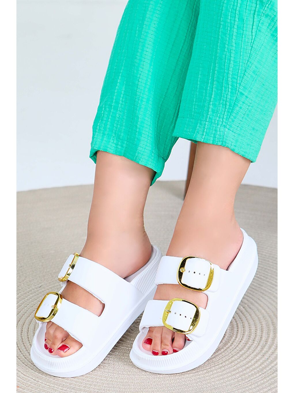 Kadın Beyaz Çift Kemerli Terlik - 27565-2