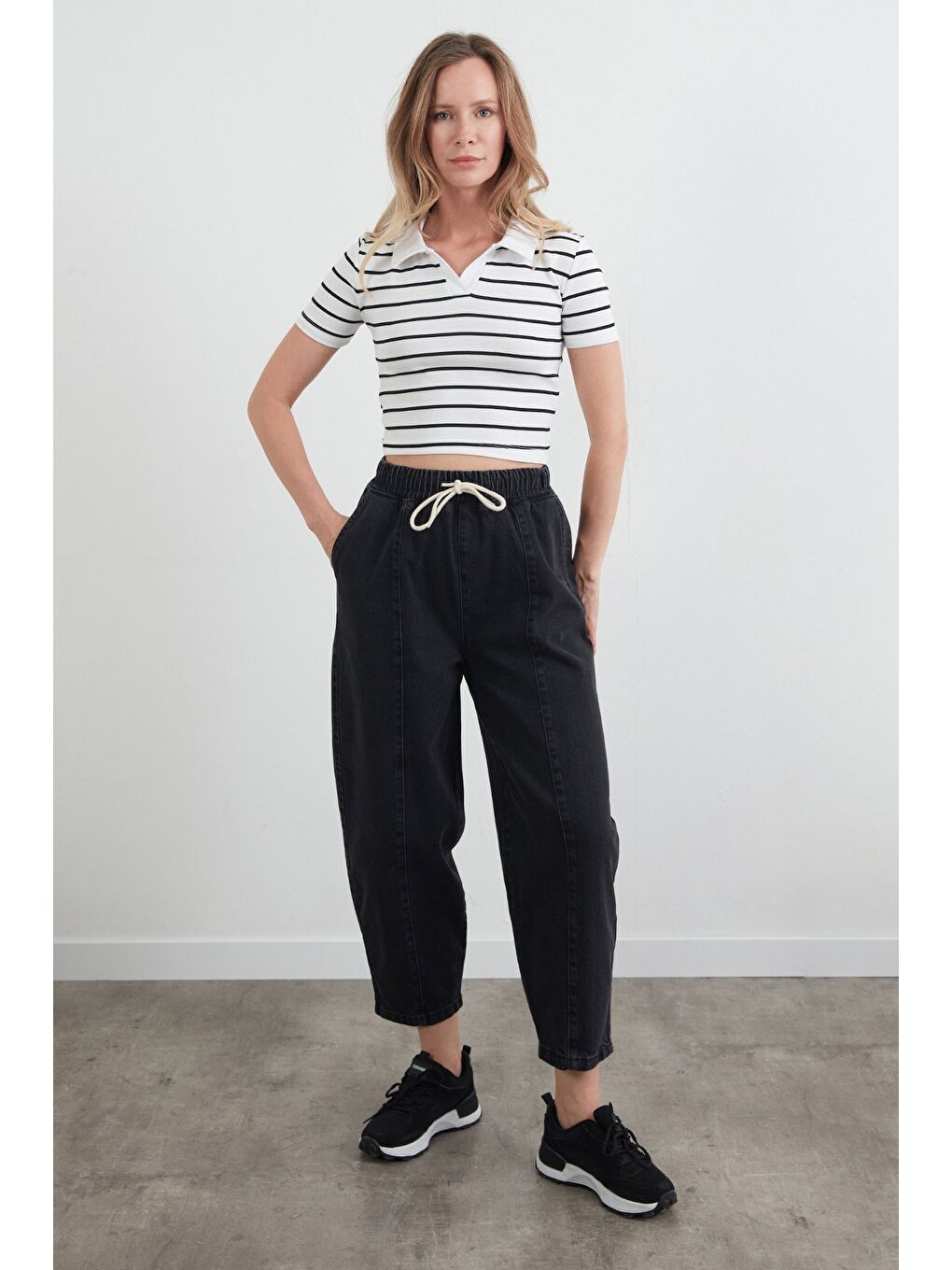 Antrasit Beli Bağlamalı Slouchy Jean Pantolon