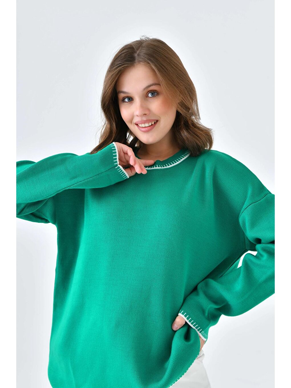 Yeşil Oversize Bisiklet Yaka Basic Triko Kazak-3