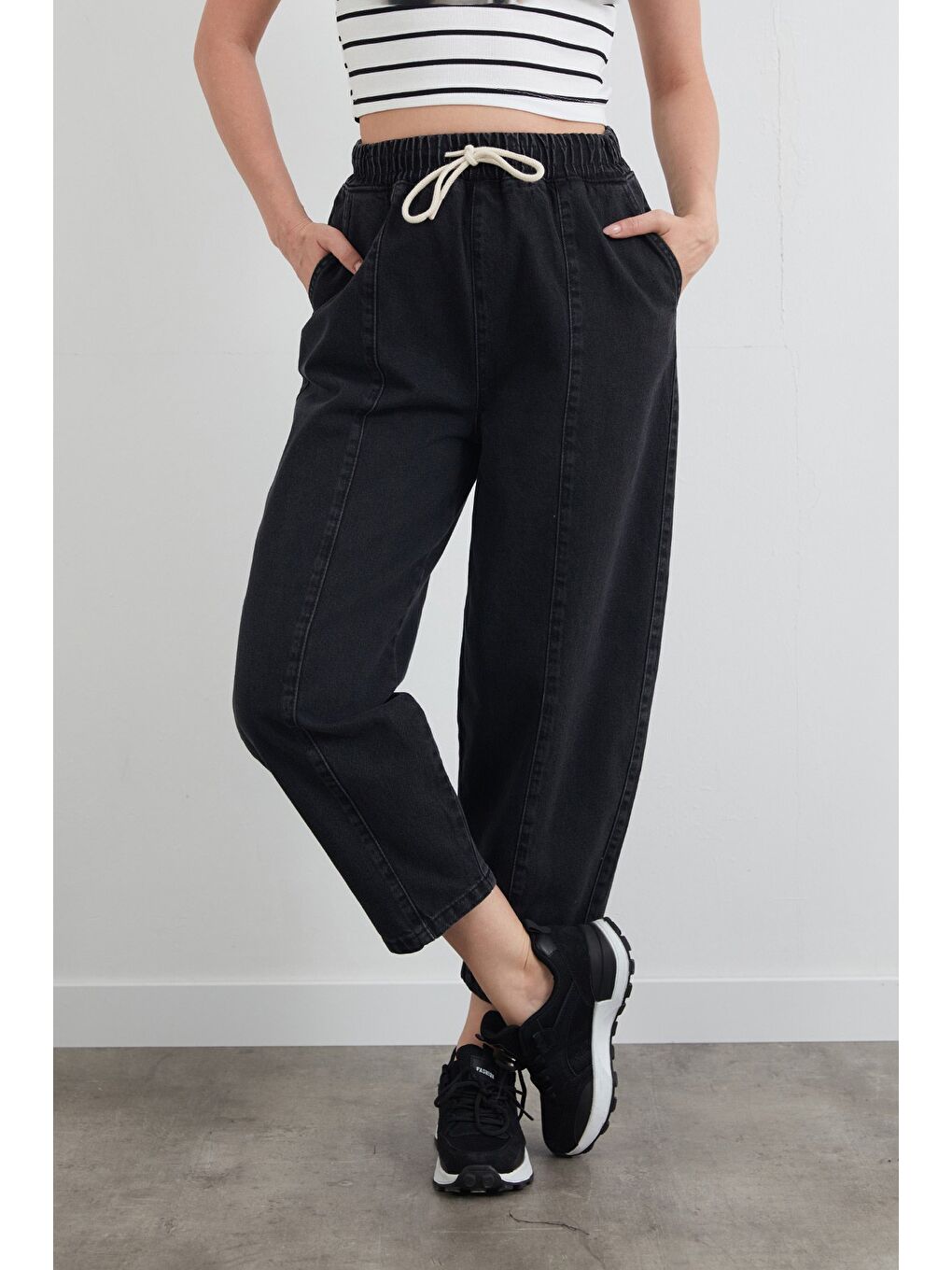 Antrasit Beli Bağlamalı Slouchy Jean Pantolon-1