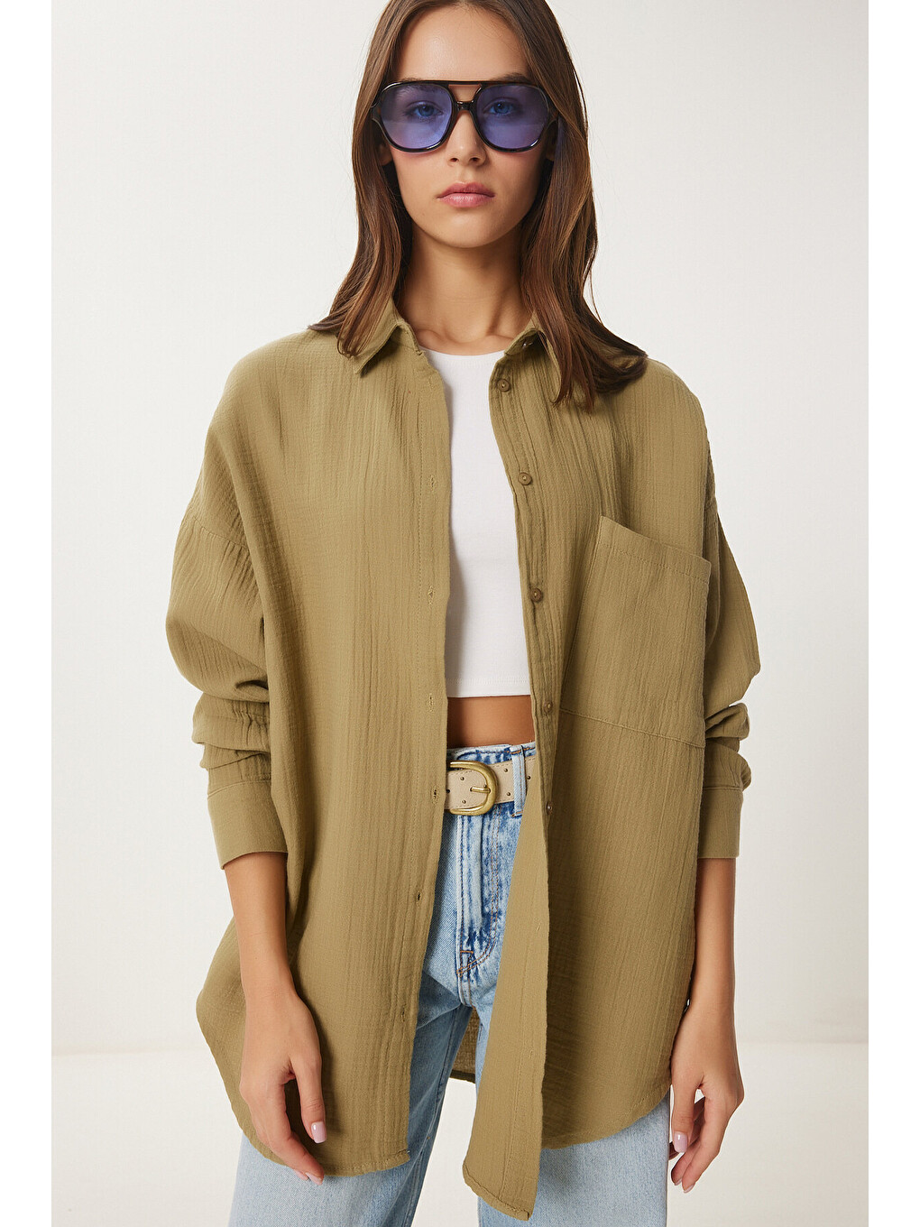 Oversize Basic Müslin Gömlek Yağ Yeşili Lmx0002-1
