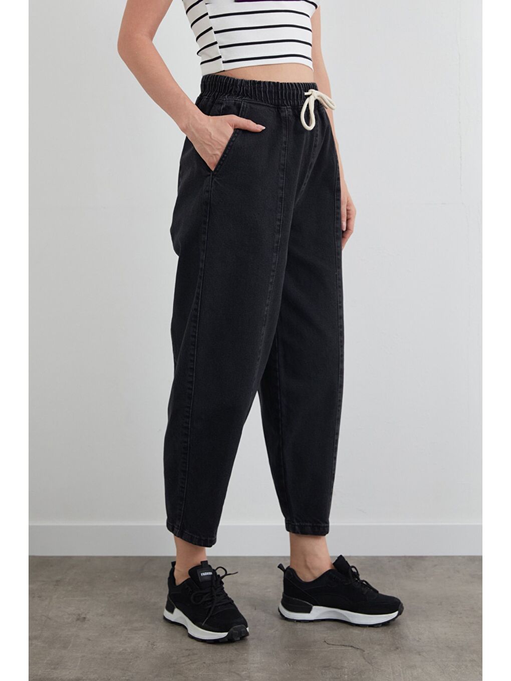 Antrasit Beli Bağlamalı Slouchy Jean Pantolon-2