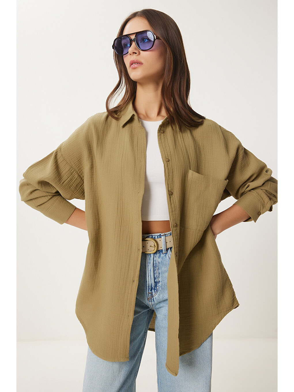 Oversize Basic Müslin Gömlek Yağ Yeşili Lmx0002-2