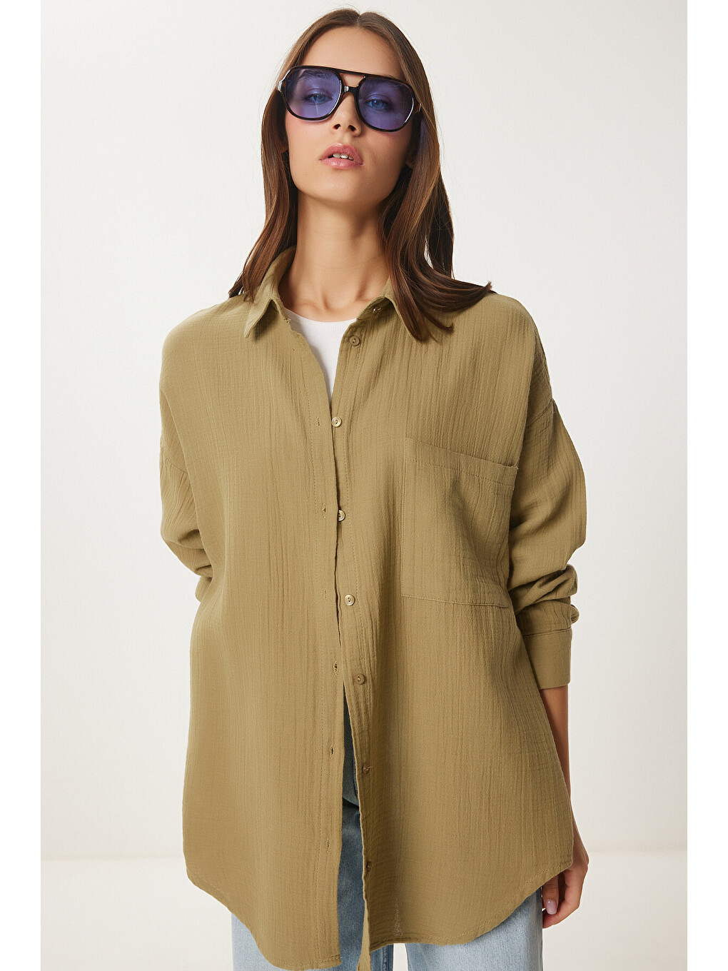 Oversize Basic Müslin Gömlek Yağ Yeşili Lmx0002-3