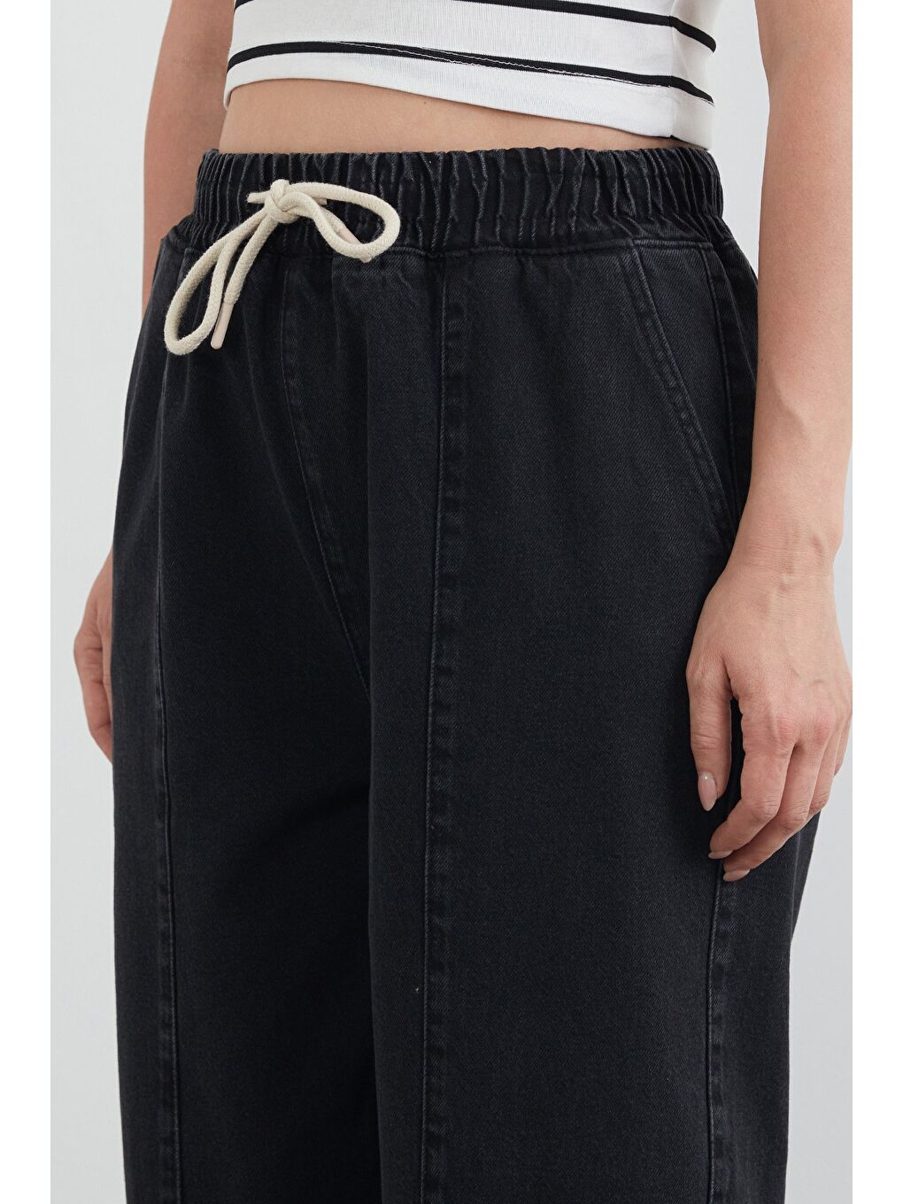 Antrasit Beli Bağlamalı Slouchy Jean Pantolon-4