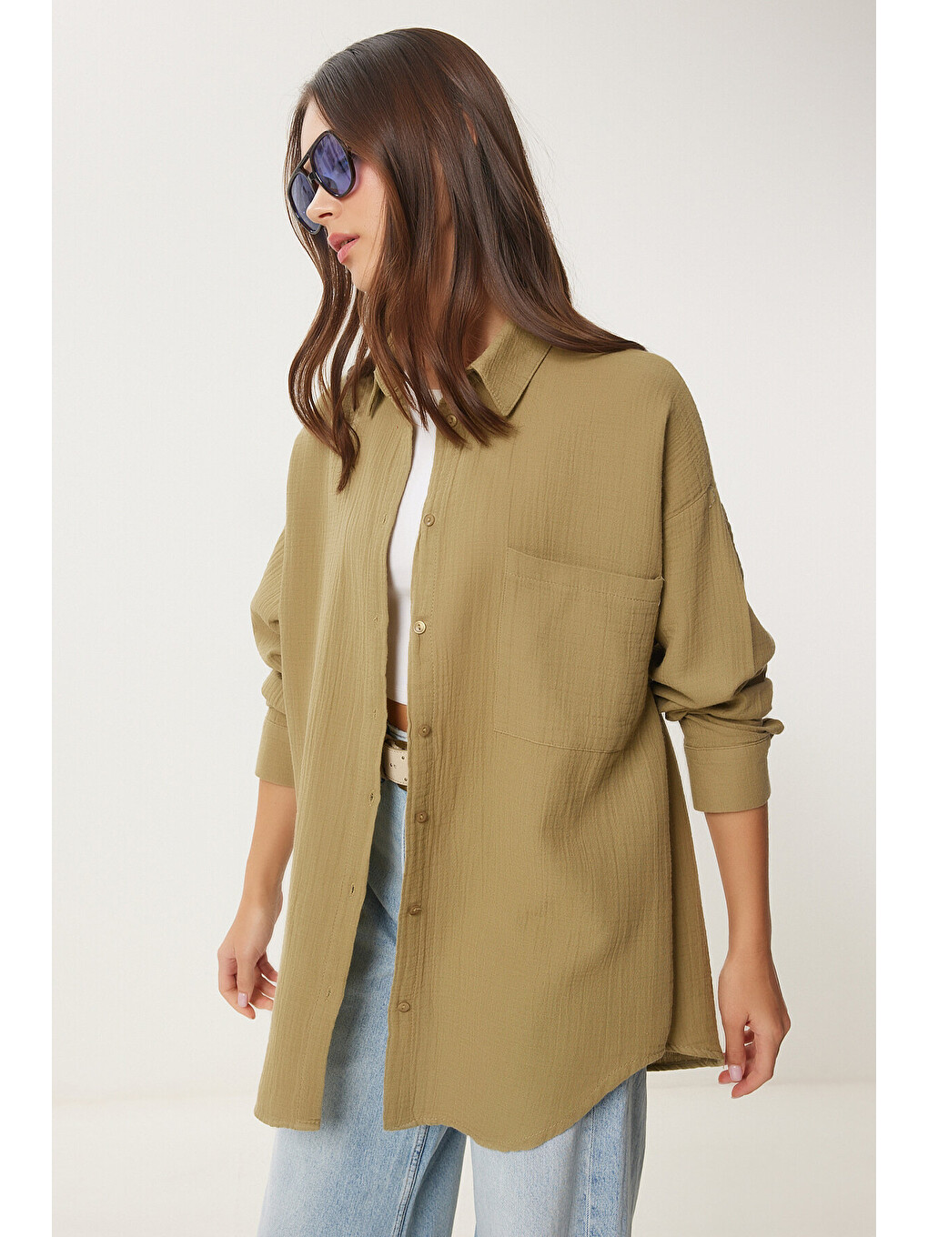 Oversize Basic Müslin Gömlek Yağ Yeşili Lmx0002-4