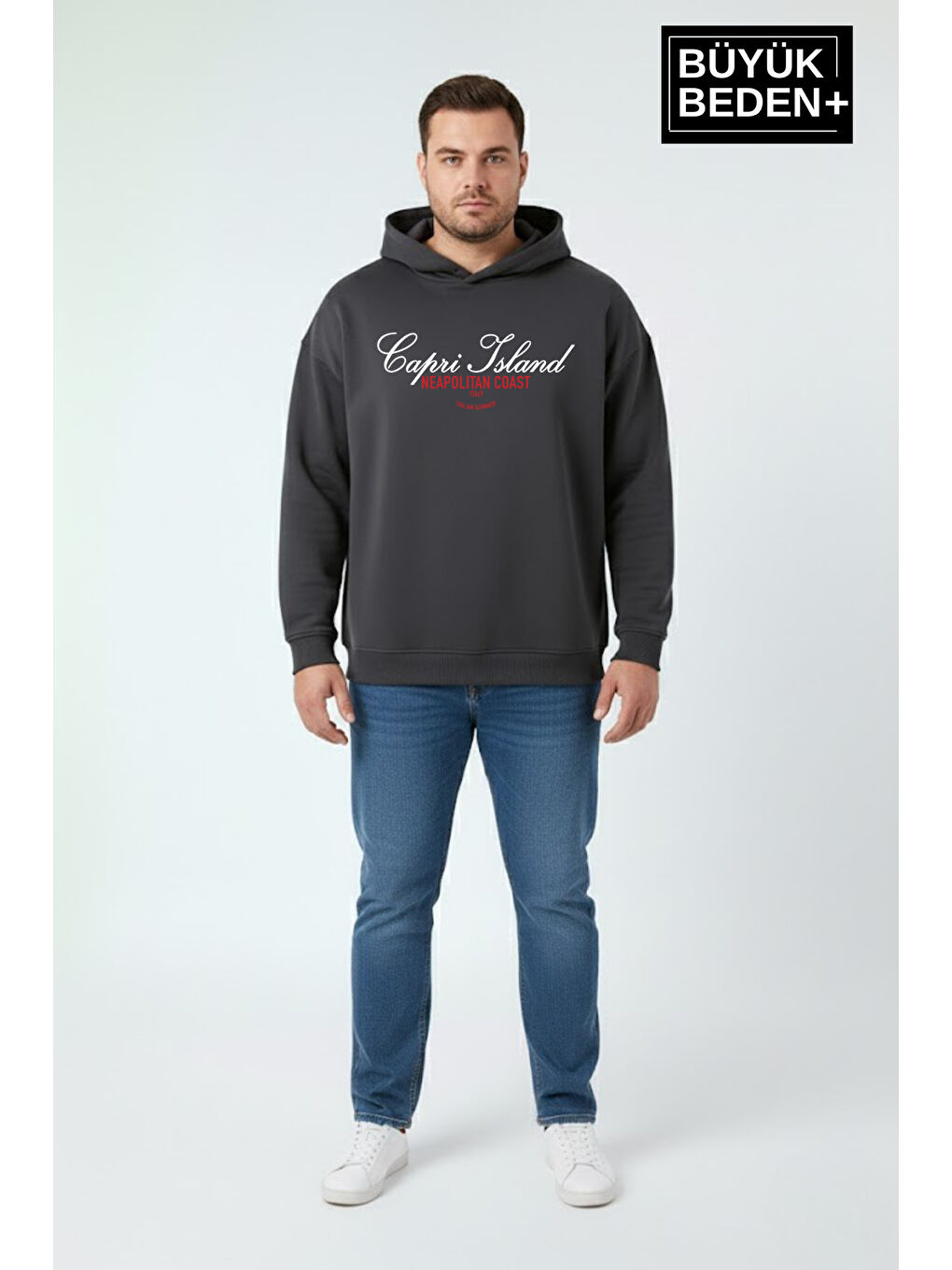 Gri Erkek Büyük Beden İnce Kapüşonlu Capri Island Baskılı İnce Sweatshirt SPR26BSW957-14