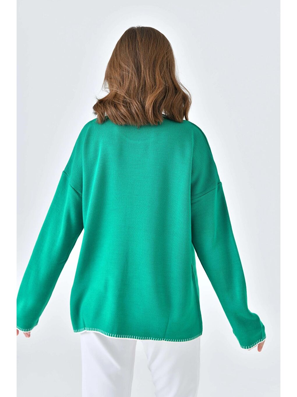 Yeşil Oversize Bisiklet Yaka Basic Triko Kazak-4