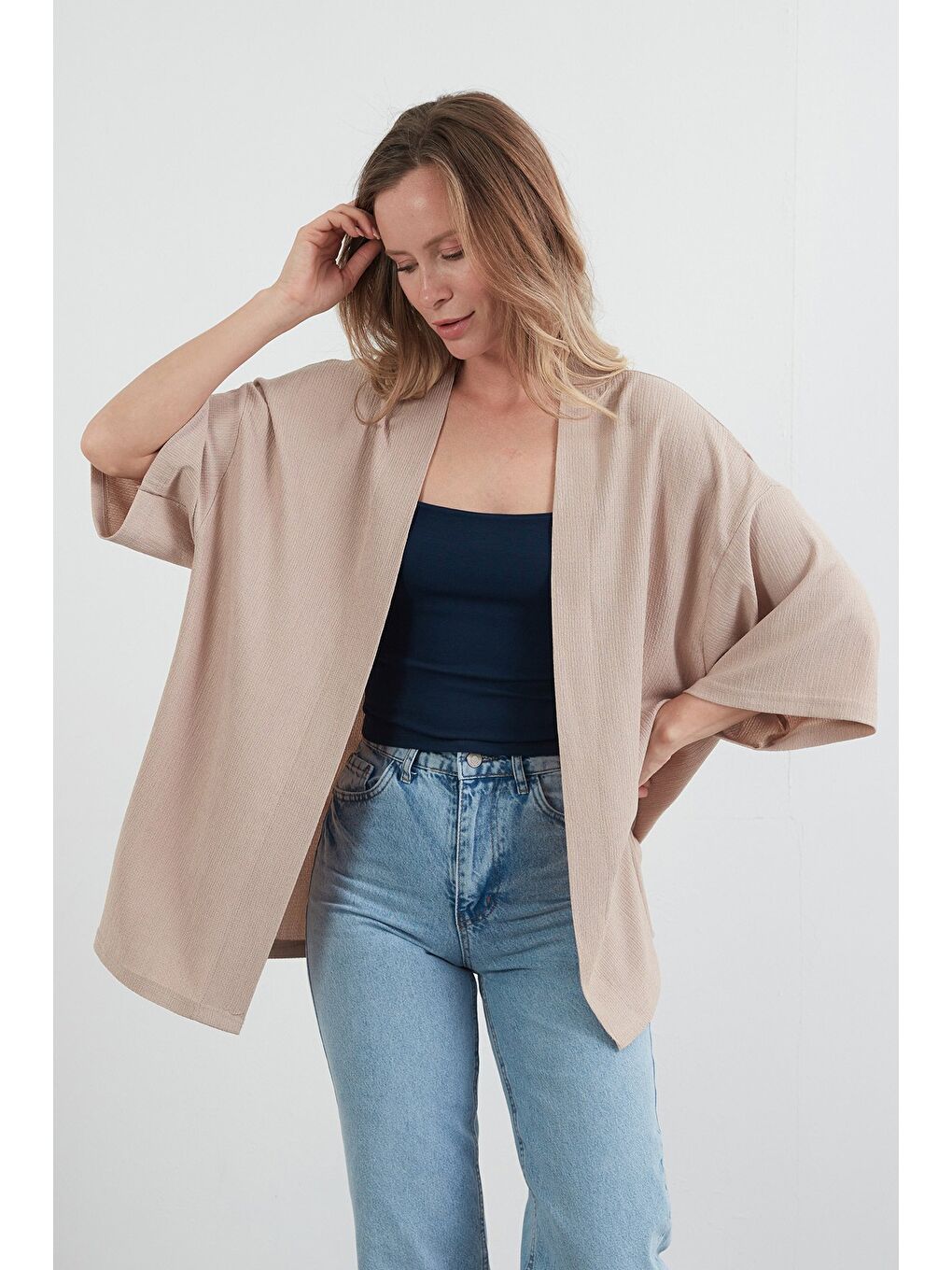 Bej Basic Bürümcük Kumaş Şal Yaka Kimono-1