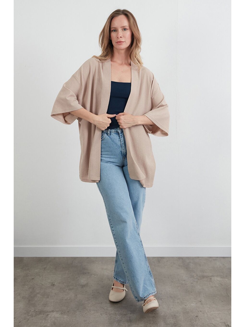 Bej Basic Bürümcük Kumaş Şal Yaka Kimono-2