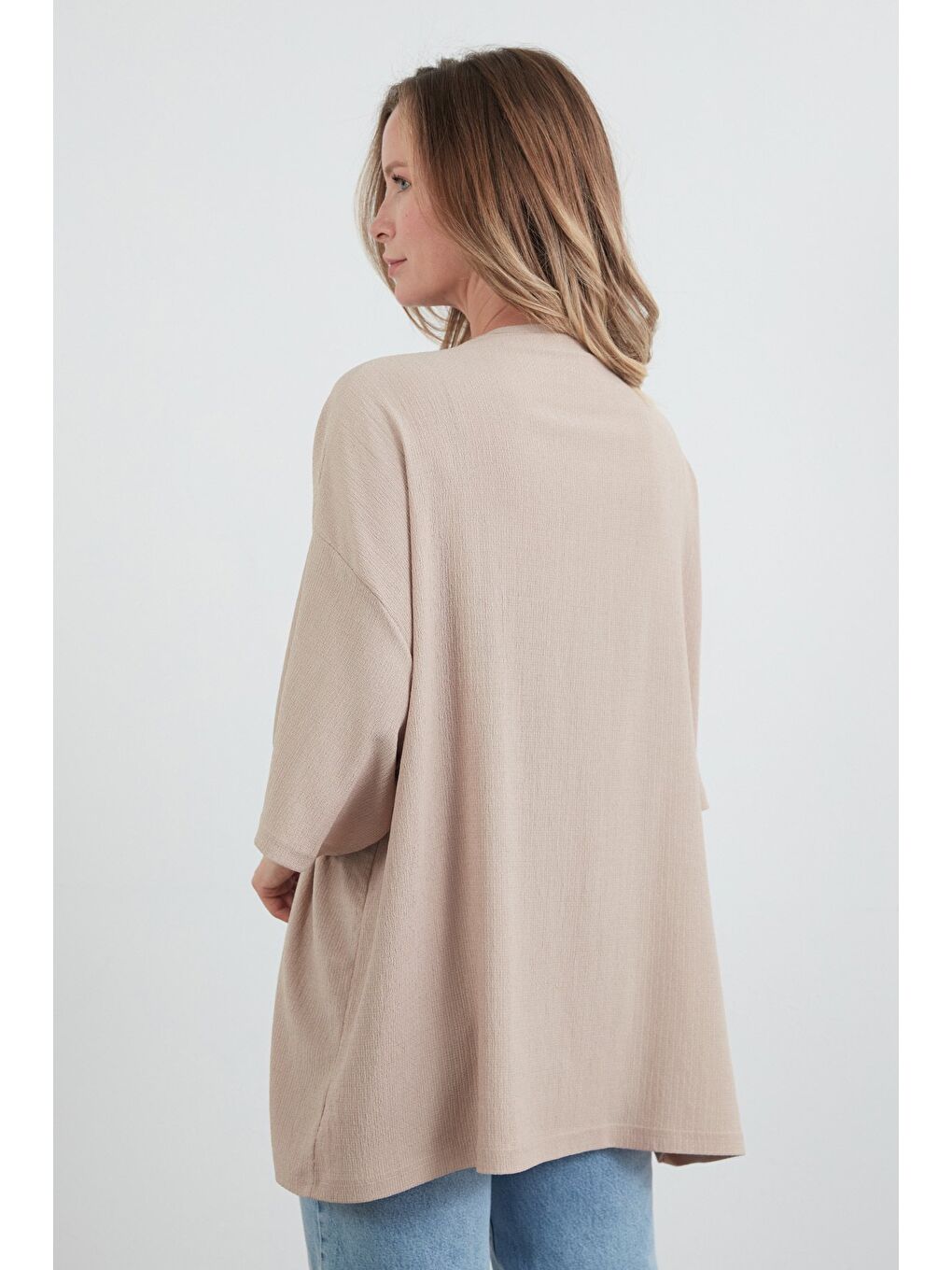 Bej Basic Bürümcük Kumaş Şal Yaka Kimono-3