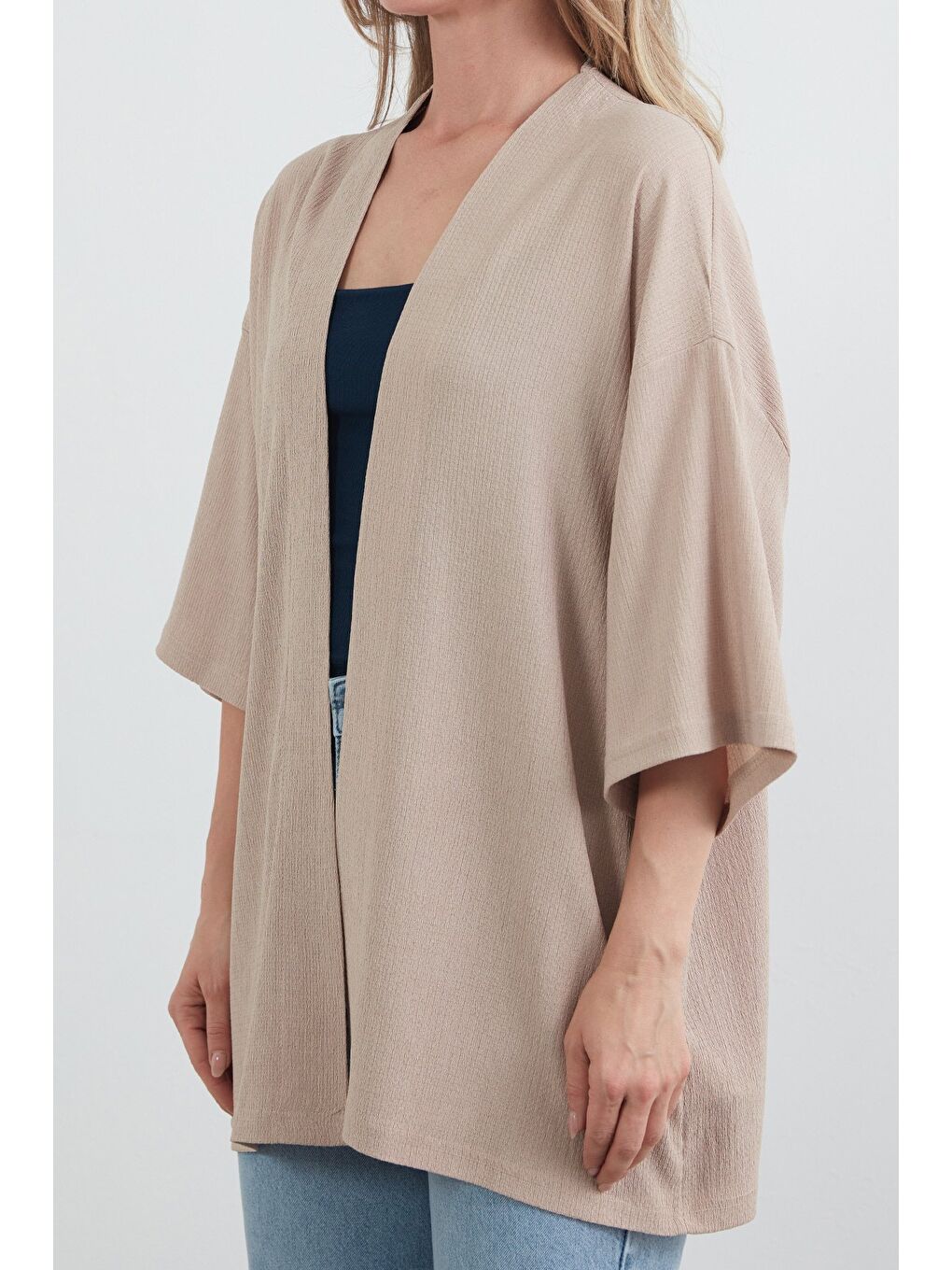 Bej Basic Bürümcük Kumaş Şal Yaka Kimono-4