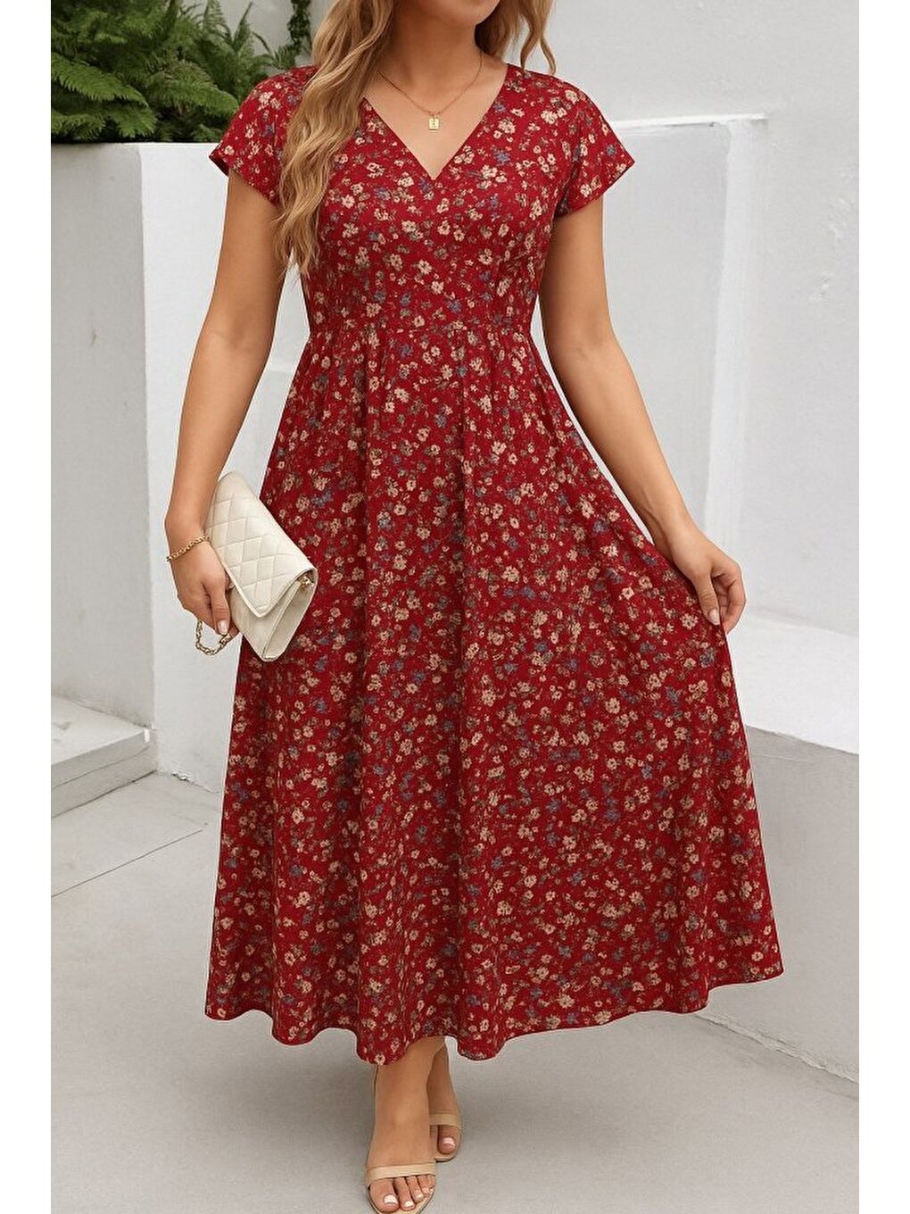 Kırmızı Kadın Kısa Kollu Kruvaze Yaka Beli Lastikli çiçek Desenli Elbise