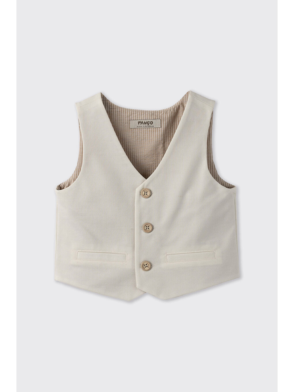 Erkek Bebek V Yaka Astarlı Düğmeli Ekru  Yelek