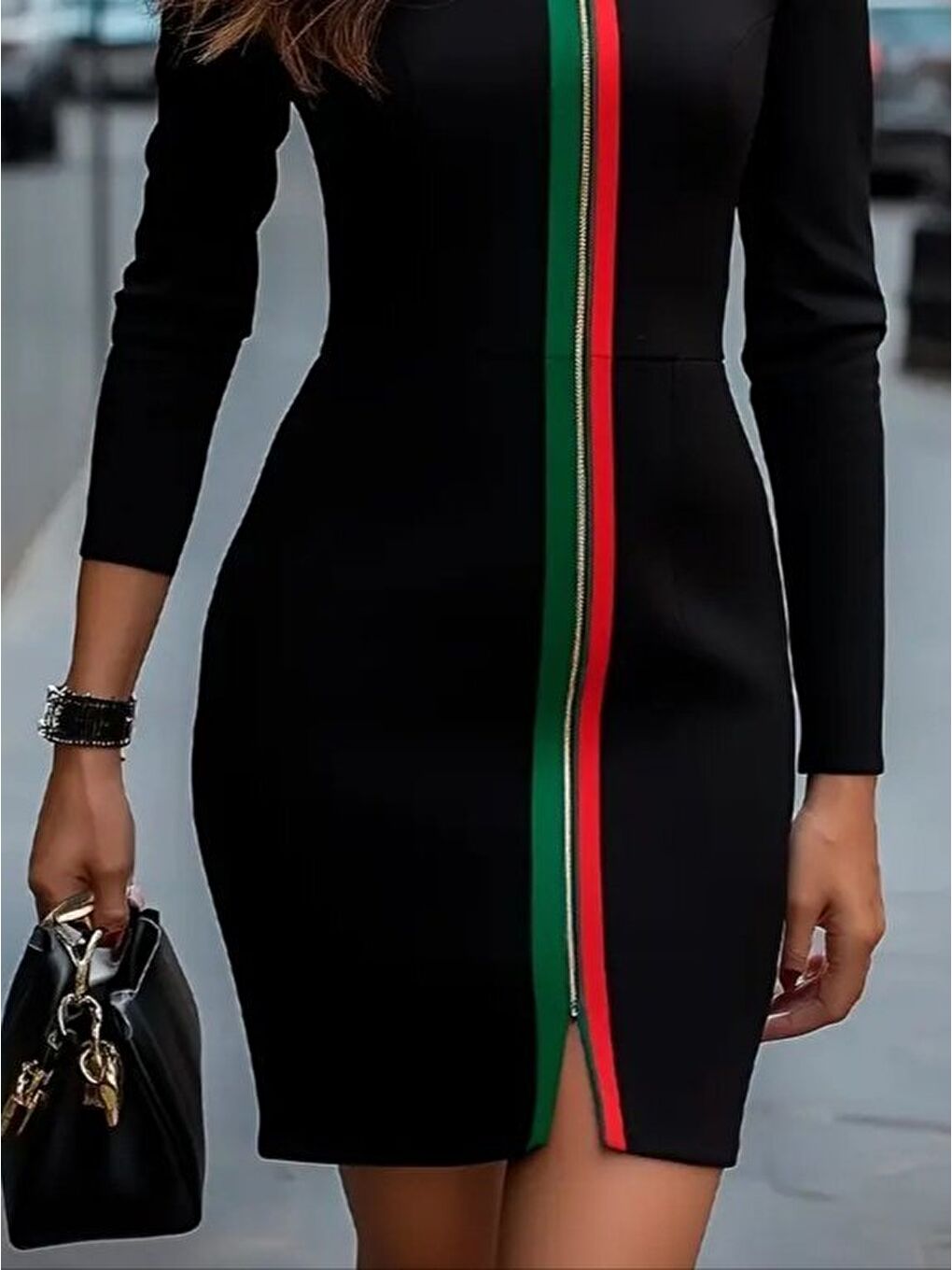 Siyah Kadın Uzun Kollu önden Tam Boy Fermuarlı Renkli şerit Detaylı Viskon Iki Iplik Mini Elbise-2