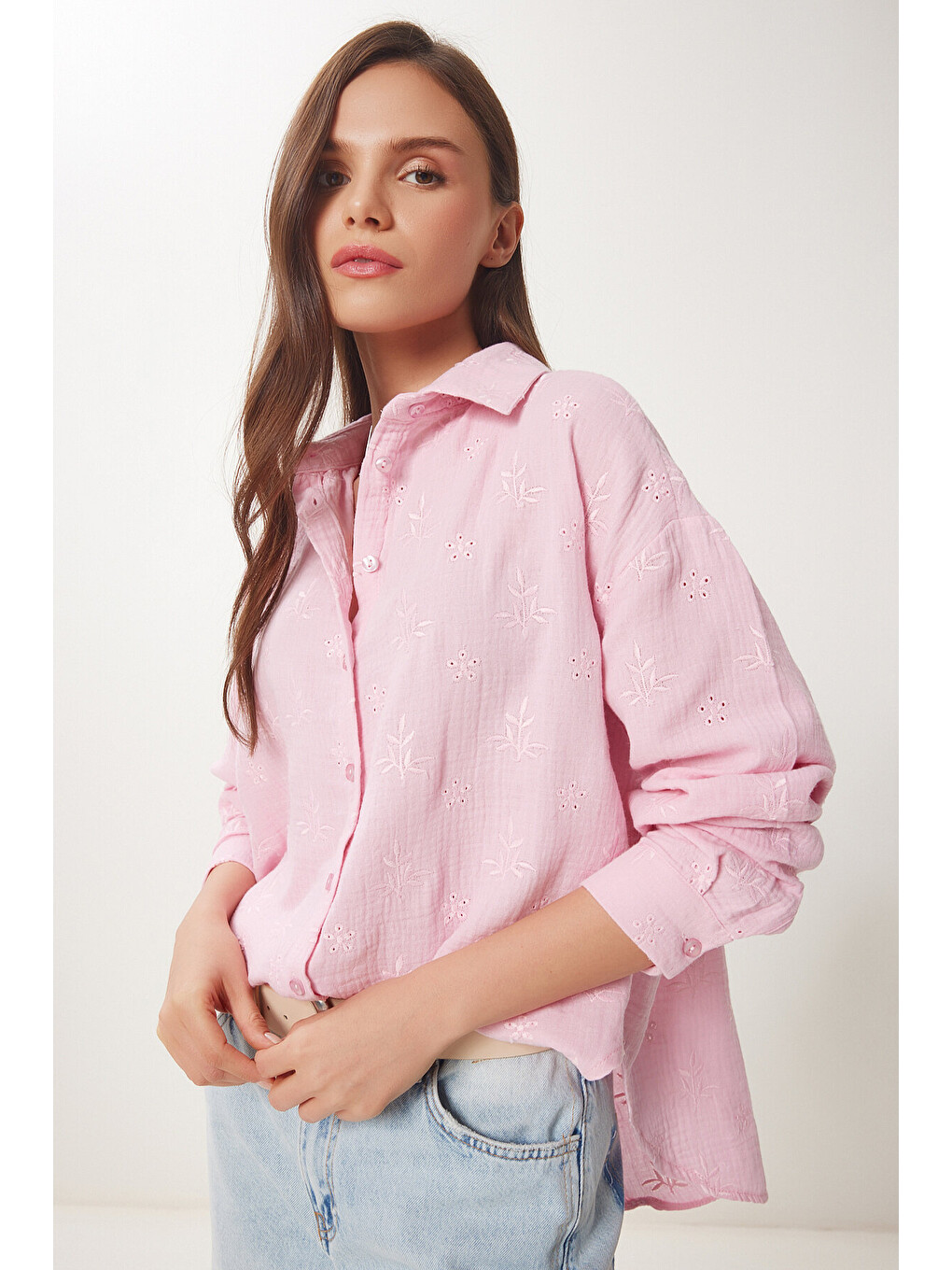 Nakış İşlemeli Müslin Gömlek Pembe Lhf0022-1