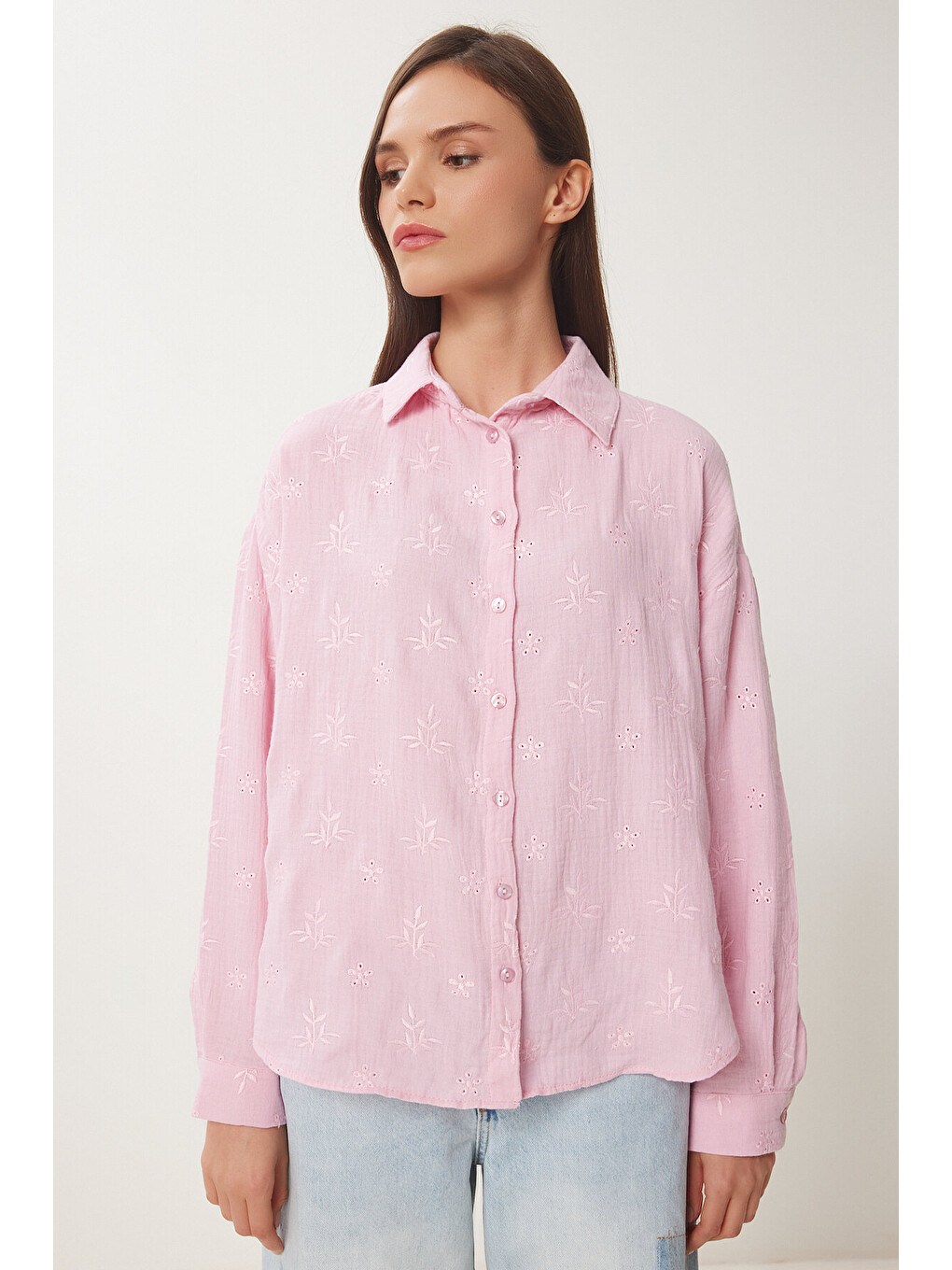 Nakış İşlemeli Müslin Gömlek Pembe Lhf0022-2
