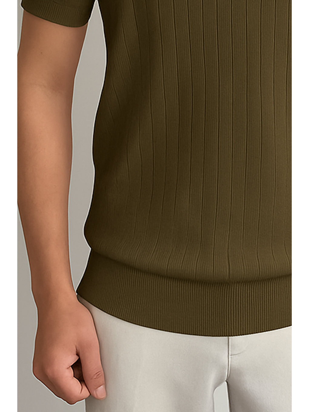 Erkek Haki Slim Fit Fitilli Polo Yaka Triko T-Shirt-2