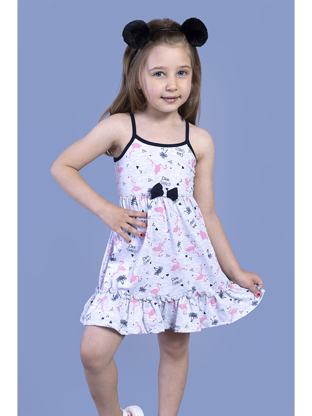 Gri Kız Çocuk Flamingo Desenli Büzgü Detaylı Elbise-2