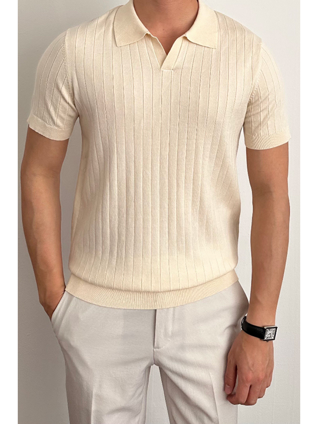 Erkek Bej Slim Fit Fitilli Polo Yaka Triko T-Shirt