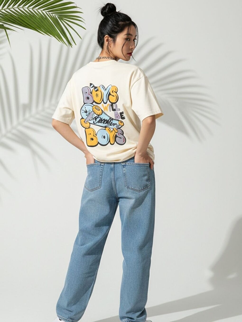 Kadın Bej Boys Baskılı Tişört