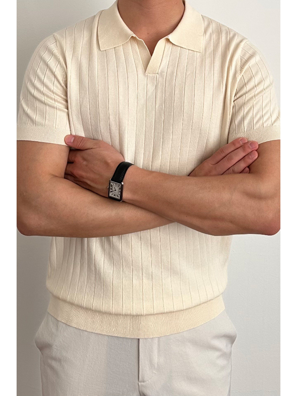 Erkek Bej Slim Fit Fitilli Polo Yaka Triko T-Shirt-1