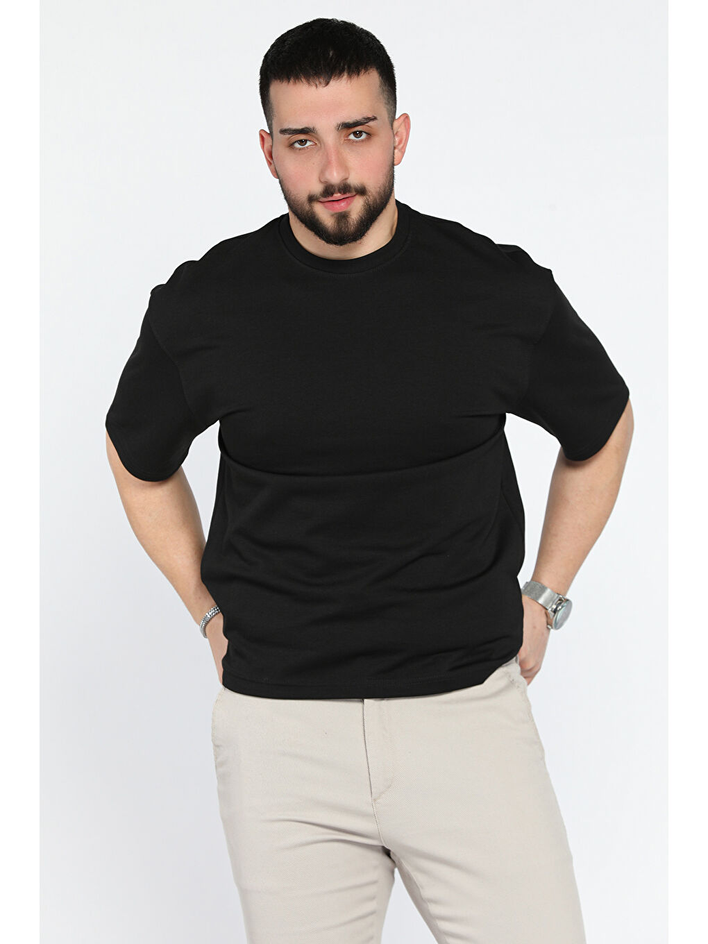 Siyah Erkek Bisiklet Yaka Basic Oversize Tişört