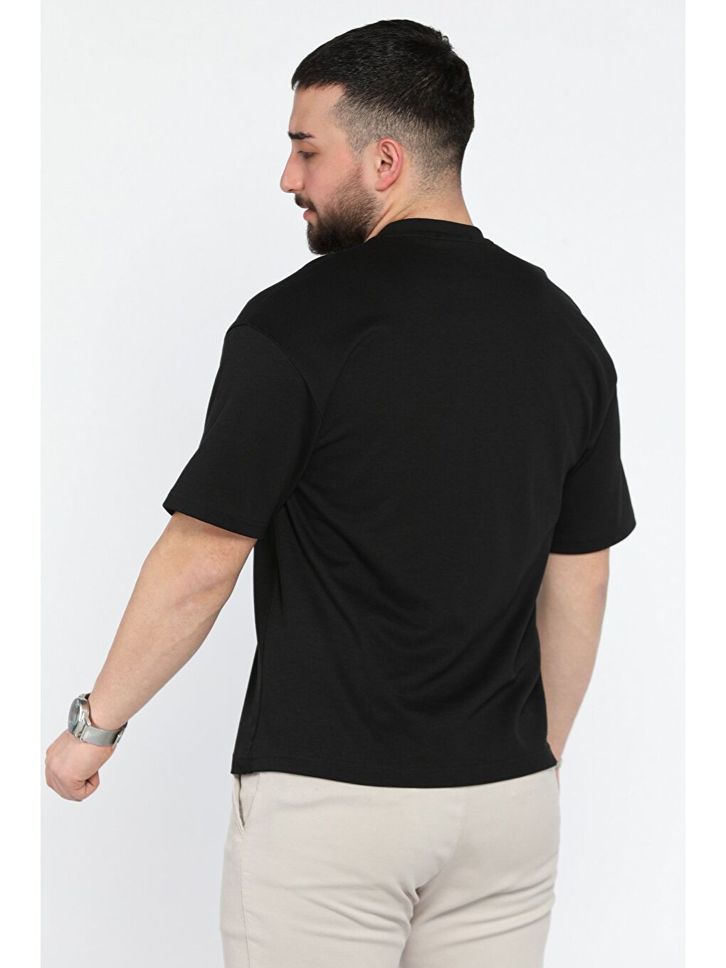 Siyah Erkek Bisiklet Yaka Basic Oversize Tişört-2