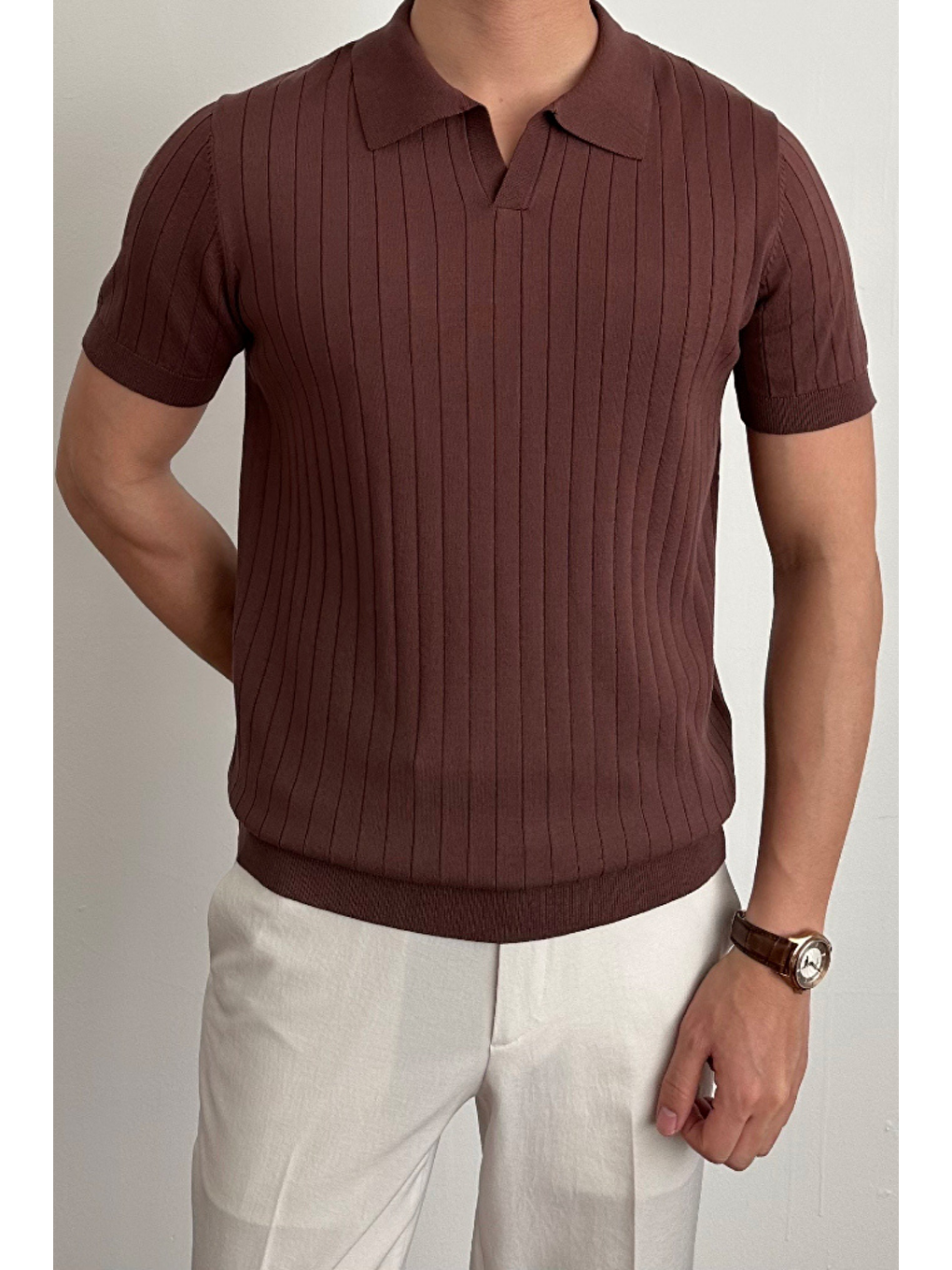 Erkek Kahverengi Slim Fit Fitilli Polo Yaka Triko T-Shirt-1