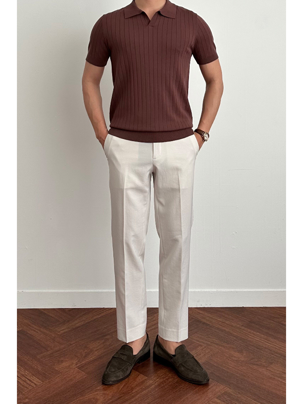 Erkek Kahverengi Slim Fit Fitilli Polo Yaka Triko T-Shirt-2