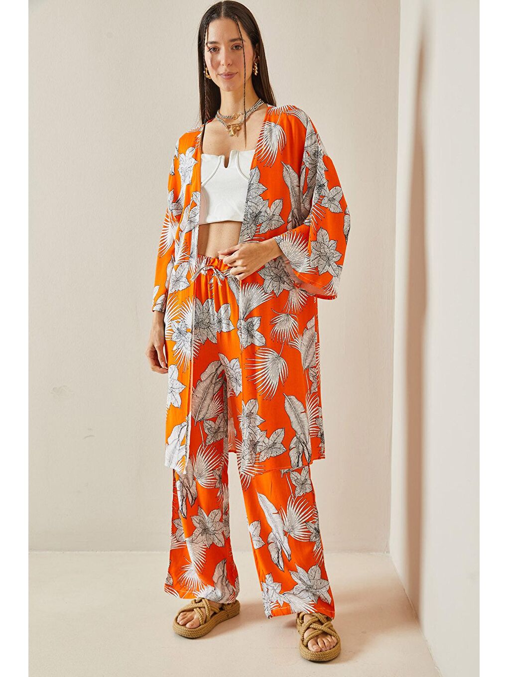 XHAN Turuncu Çiçek Desenli Kimono Takım 5YXK8-48600-11