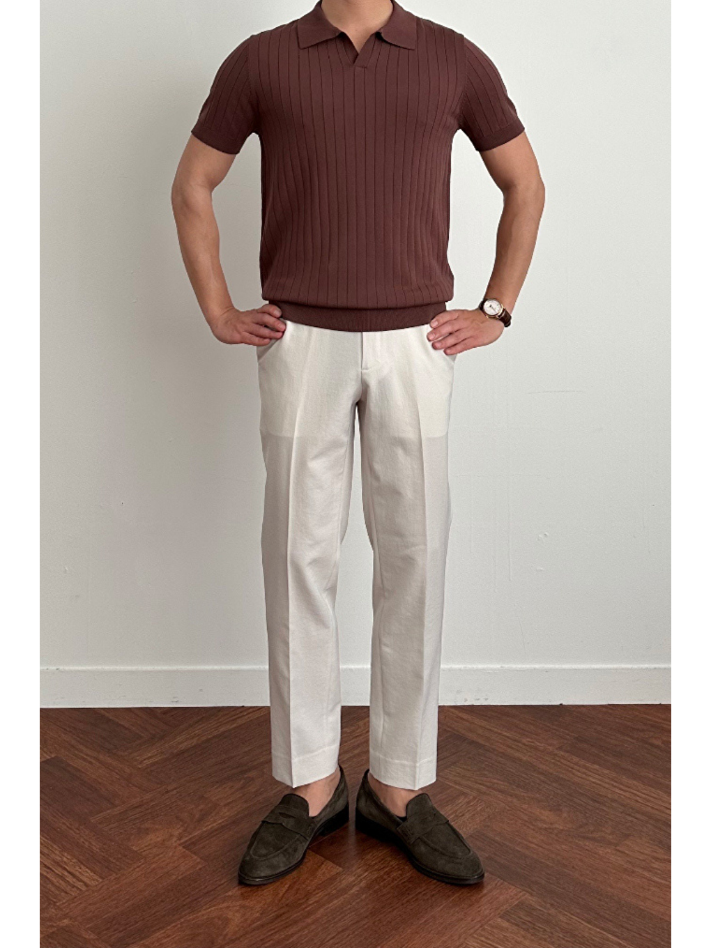 Erkek Kahverengi Slim Fit Fitilli Polo Yaka Triko T-Shirt-3