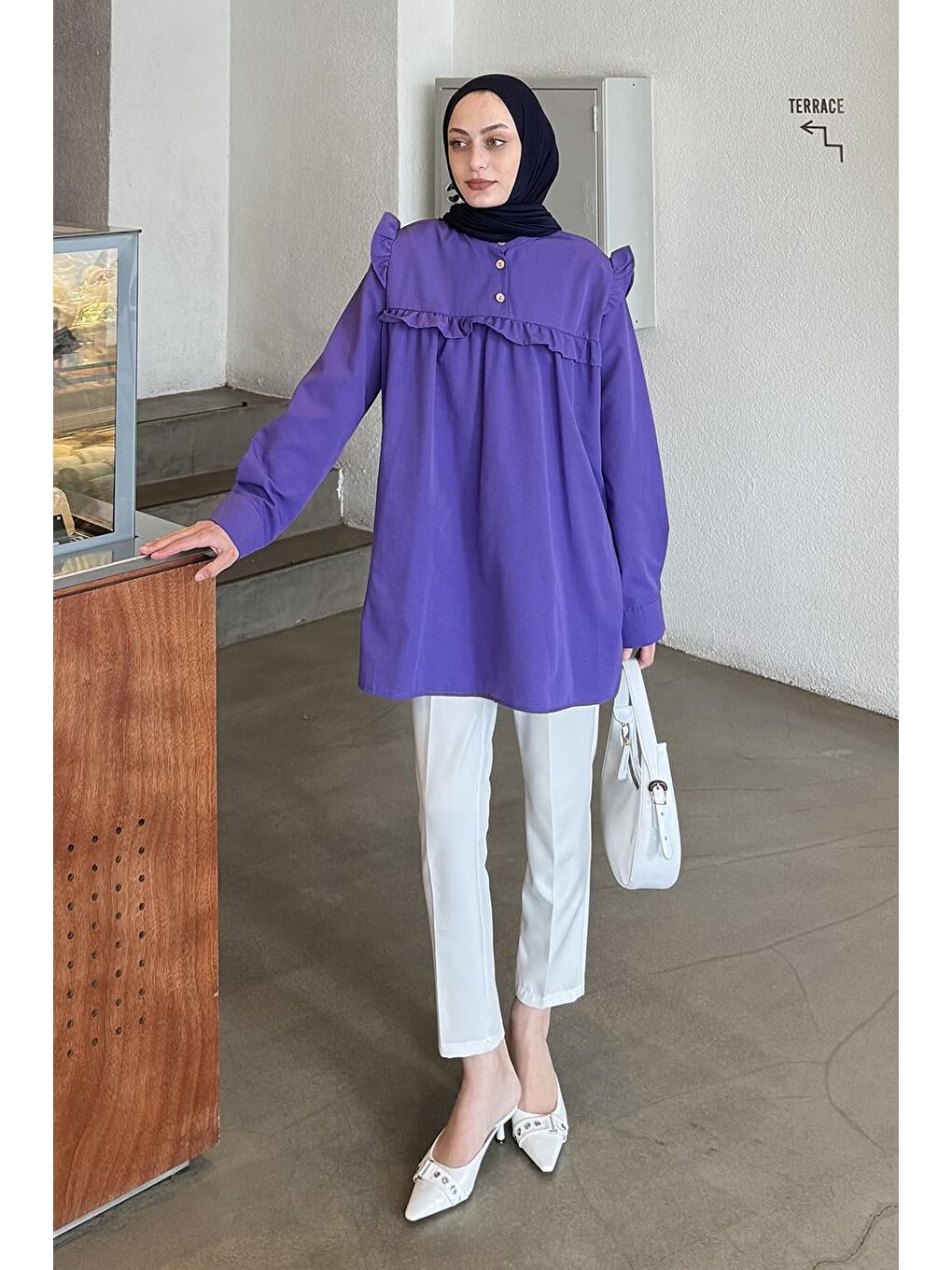 Hakim Yaka Önü Pileli Tunik Mor