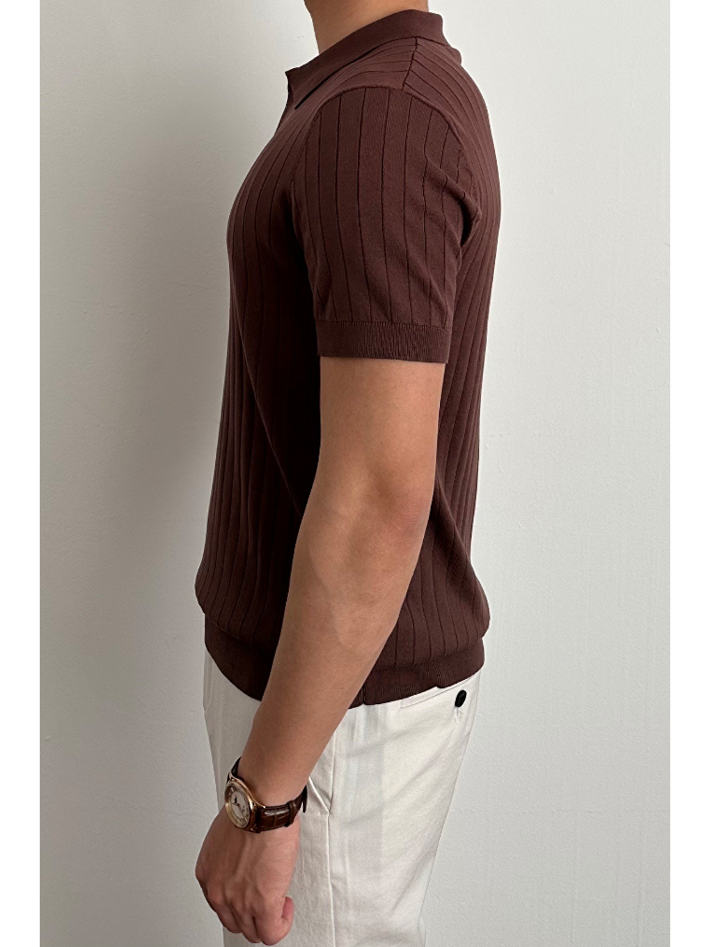 Erkek Kahverengi Slim Fit Fitilli Polo Yaka Triko T-Shirt-4