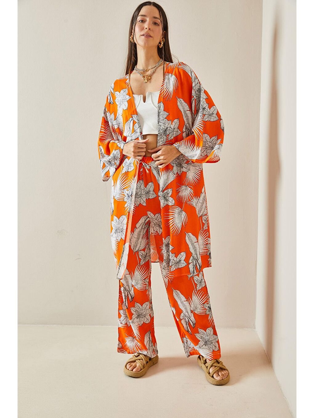 XHAN Turuncu Çiçek Desenli Kimono Takım 5YXK8-48600-11 - 1