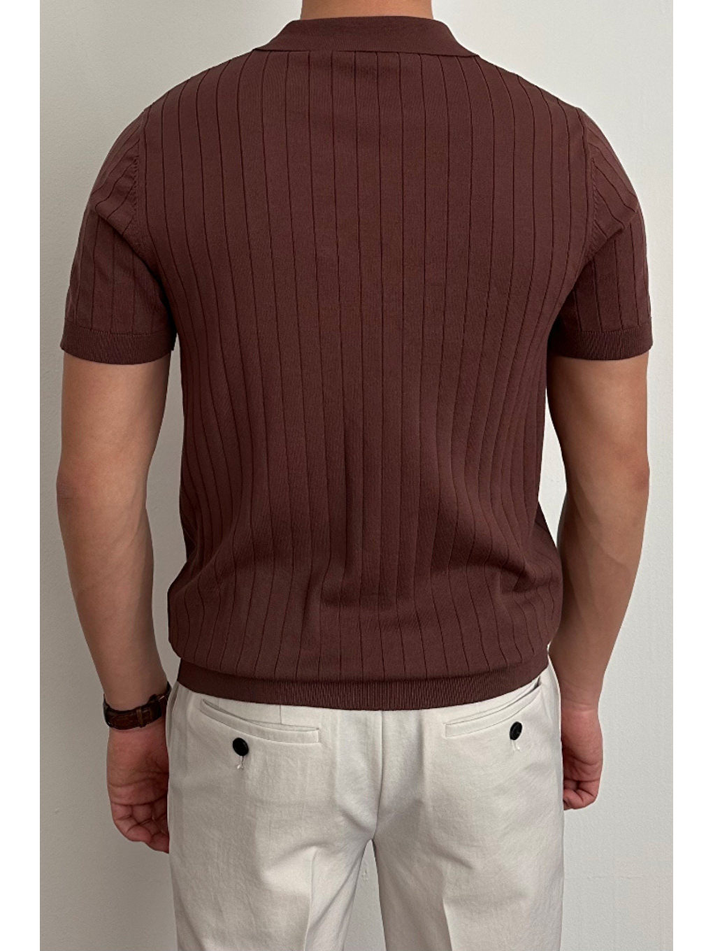 Erkek Kahverengi Slim Fit Fitilli Polo Yaka Triko T-Shirt-6