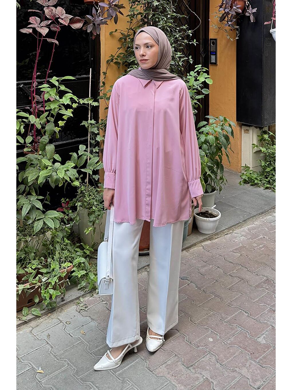 Gizli Düğme Detaylı Tesettür Tunik Pembe