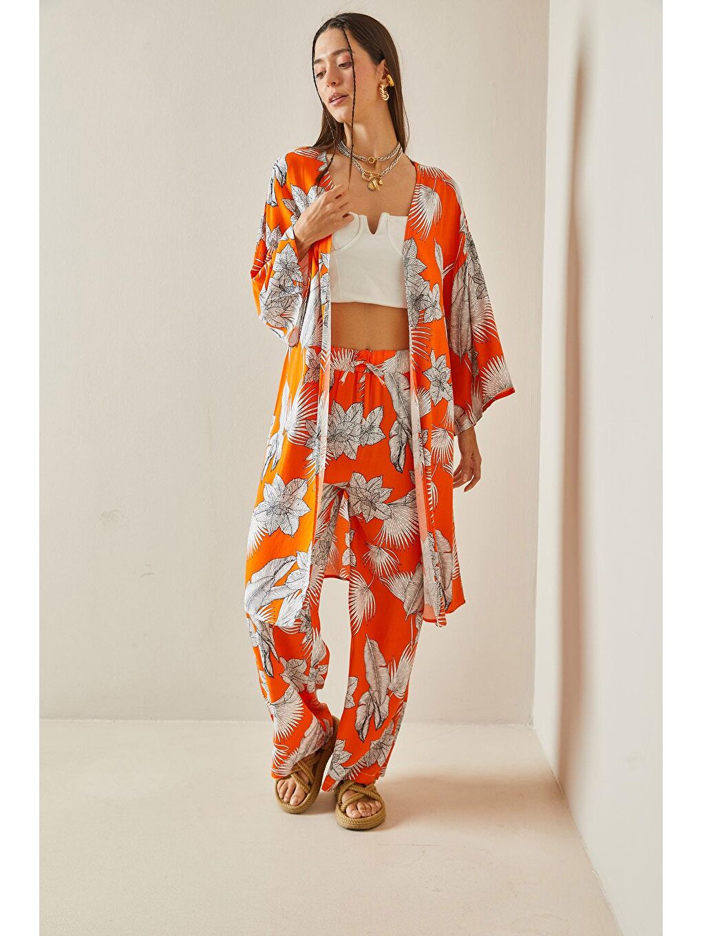 XHAN Turuncu Çiçek Desenli Kimono Takım 5YXK8-48600-11 - 2