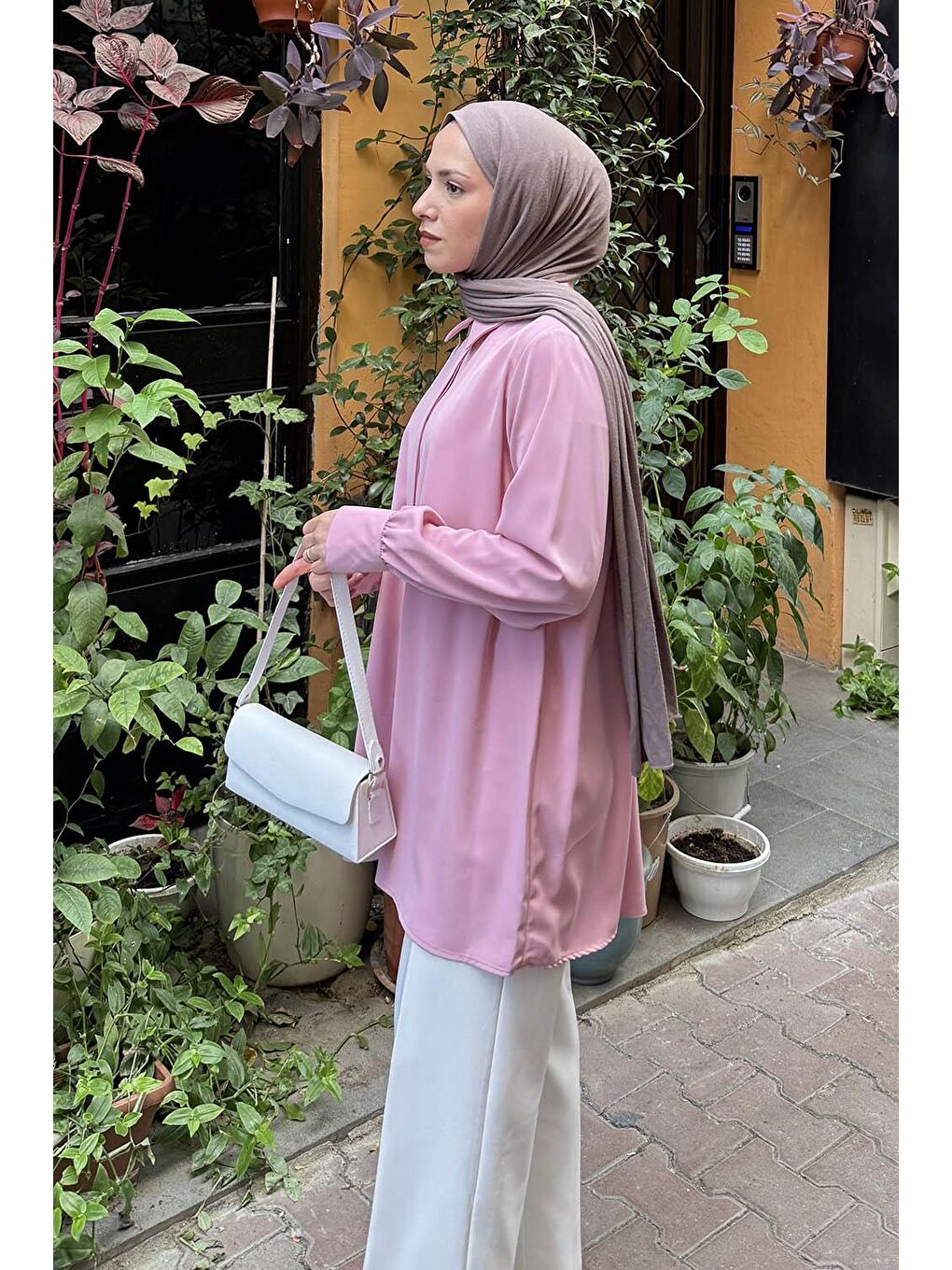 Gizli Düğme Detaylı Tesettür Tunik Pembe-1